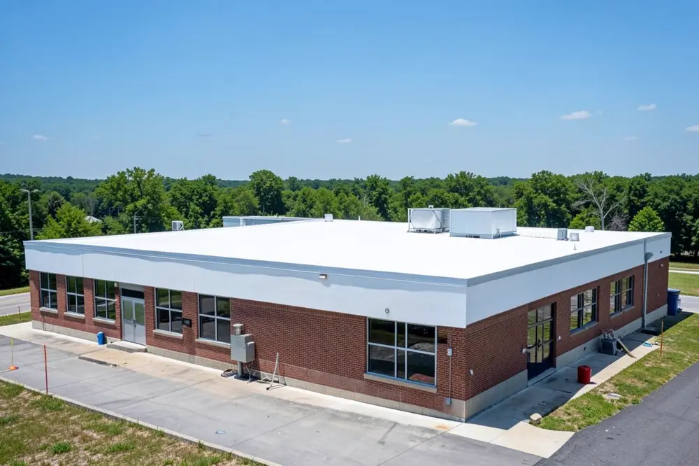 Representative commercial office building with a white TPO roof